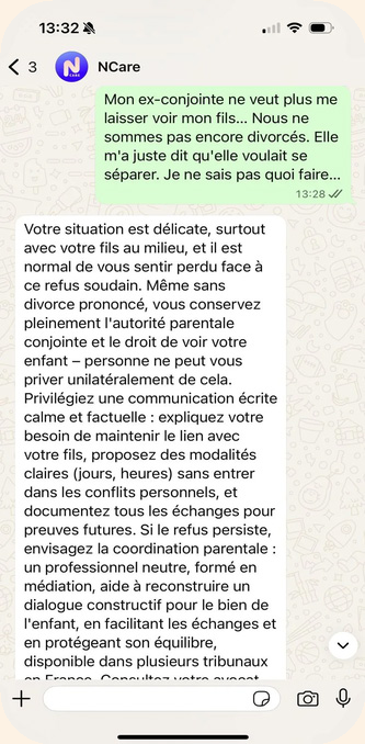 Conversation WhatsApp avec le CareBot N Care